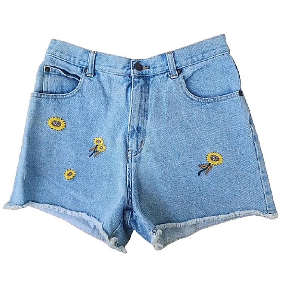 Repair Jeans Light Blue Blue Jean Embroidered Sunflower Cut-Off Shorts ♥️